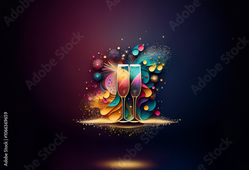 Two champagne flutes filled with colorful liquid stand on a glowing platform surrounded by abstract shapes and sparkling lights. photo