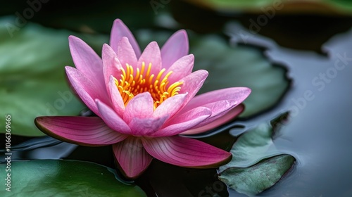 Pink lotus flower in a serene pond captured up close A representation of nature and tranquility