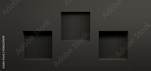 3d black empty wall niche. Square box frame space in room interior for bookshelf. Gallery hole for place and display product. Exhibition showcase with exposition podium. Business presentation design