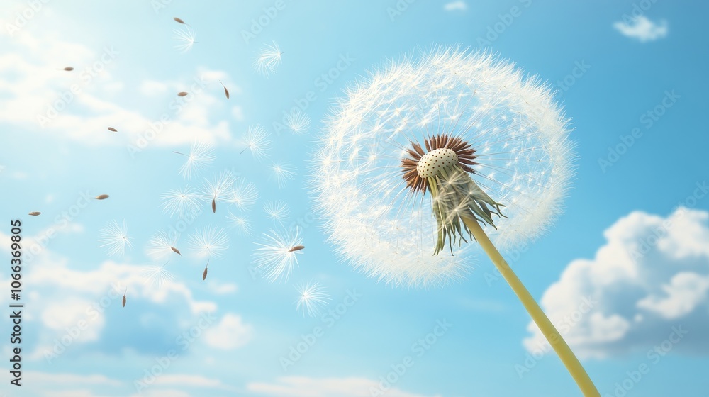 Fototapeta premium Puffed dandelion releasing seeds carried by the breeze