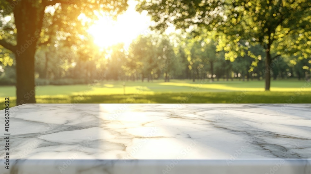 Fototapeta premium Shiny marble table top illuminated by sunlight against a softly blurred park backdrop ideal for showcasing products