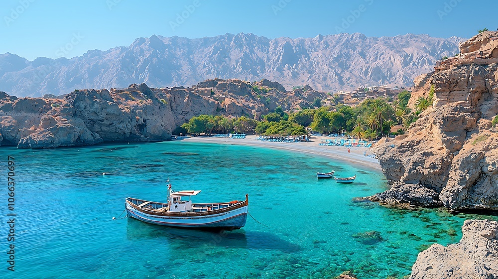 Serene Old Wooden Fishing Boat Anchored in Tranquil Waters Serene Old Wooden Fishing Boat Anchored in Tranquil Waters