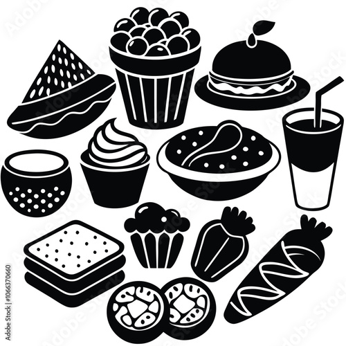 Silhouette snacks food vector art collection on white background for healthy food project