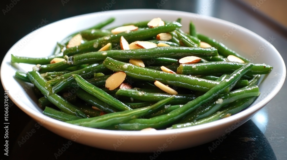 Sauteed green beans with almond slivers and garlic resulting in a crunchy and flavorful side dish Sauteed green beans with almond slivers and garlic resulting in a crunchy and flavorful side dish