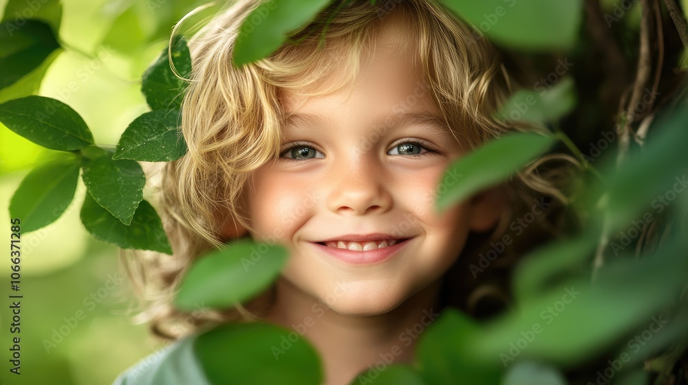 Smiling Young Boy with Blonde Hair Surrounded by Greenery Smiling Young Boy with Blonde Hair Surrounded by Greenery