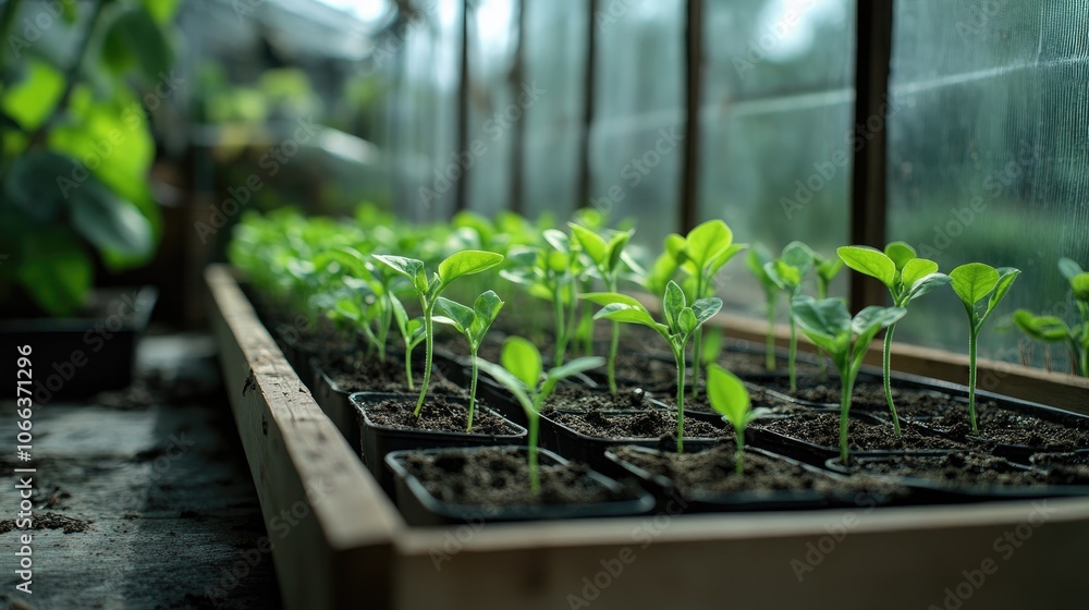 Row of young seedlings thriving in a greenhouse nurturing plants in controlled environmental conditions Row of young seedlings thriving in a greenhouse nurturing plants in controlled environmental conditions