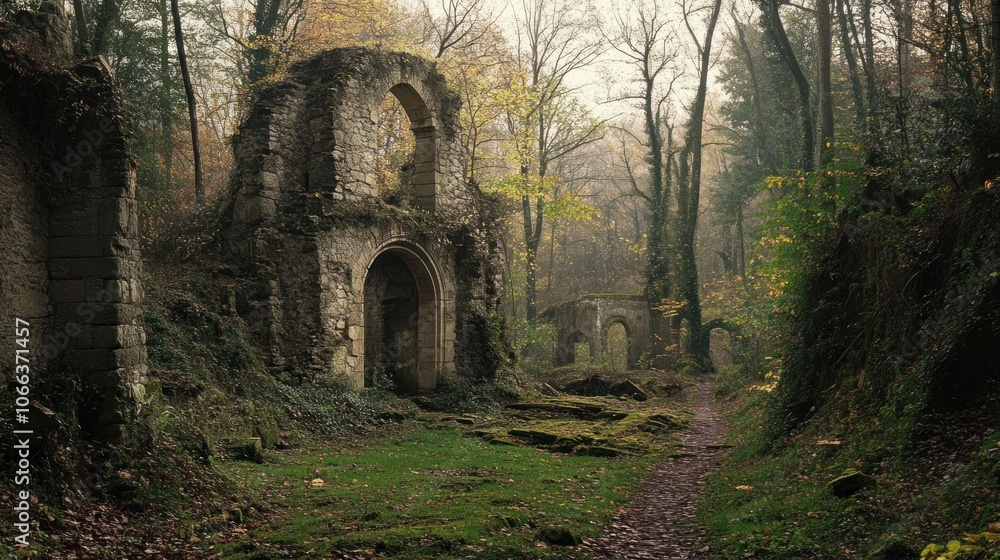 Abandoned ruins in a foggy forest, showcasing nature reclaiming man-made structures. Abandoned ruins in a foggy forest, showcasing nature reclaiming man-made structures.