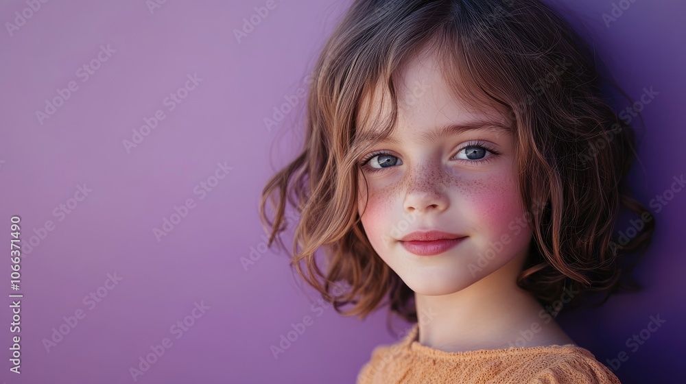 Portrait of a cheerful young girl gazing at the camera against a violet backdrop Portrait of a cheerful young girl gazing at the camera against a violet backdrop