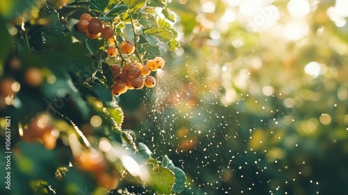 Spring gardening practices involve fumigating for pest control as seen in the blurred image of a manual pesticide sprayer applying treatment to a currant bush photo