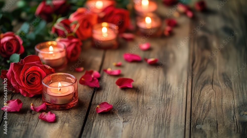 Romantic background featuring roses and candles arranged on a wooden table Romantic background featuring roses and candles arranged on a wooden table