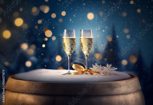 Two champagne flutes filled with sparkling wine rest on a wooden barrel covered in snow with festive decorations. photo