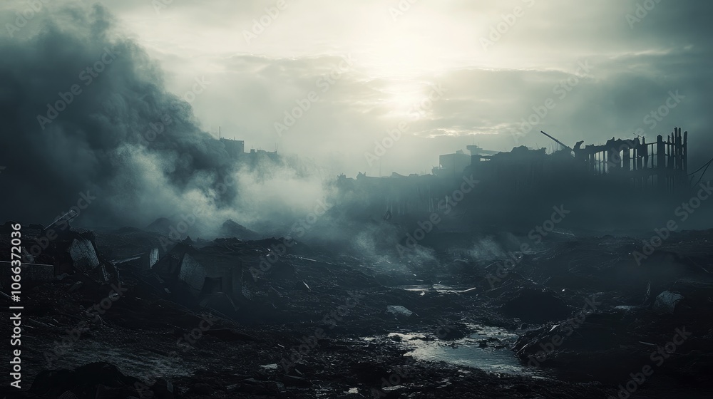 Fototapeta premium Smoky apocalyptic landscape with dramatic atmosphere