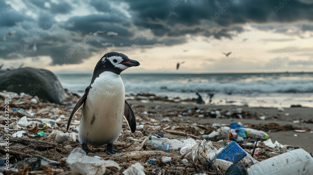 Naklejka premium Penguin on the beach amidst litter Environmental pollution concerns