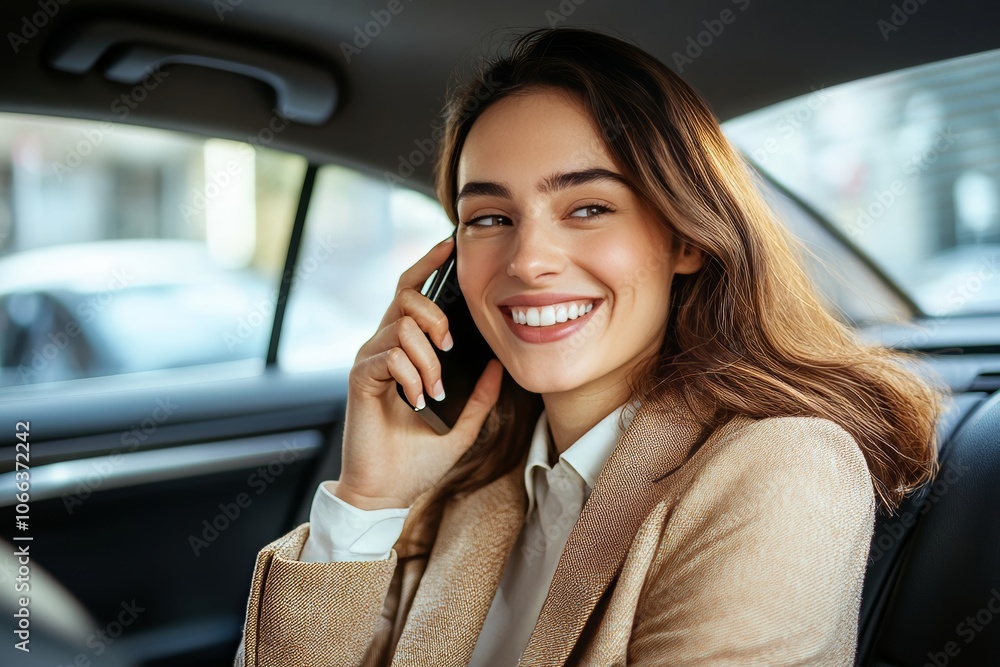 Smiling executive woman using mobile phone while relaxing in the back seat of a car Smiling executive woman using mobile phone while relaxing in the back seat of a car