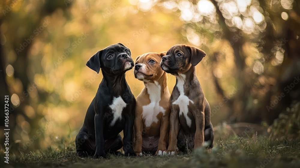 Playful puppies sitting together outdoors captured in a humorous pet portrait setting Playful puppies sitting together outdoors captured in a humorous pet portrait setting