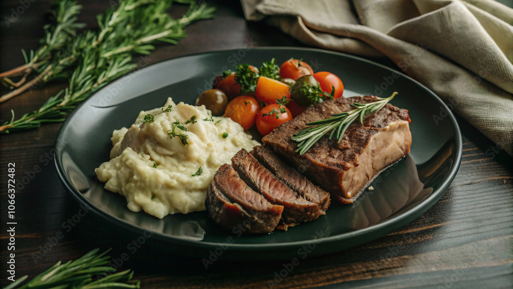 succulent slice of steak paired with creamy mashed potatoes and fresh cherry tomatoes on a dark plate, garnished with rosemary. succulent slice of steak paired with creamy mashed potatoes and fresh cherry tomatoes on a dark plate, garnished with rosemary.