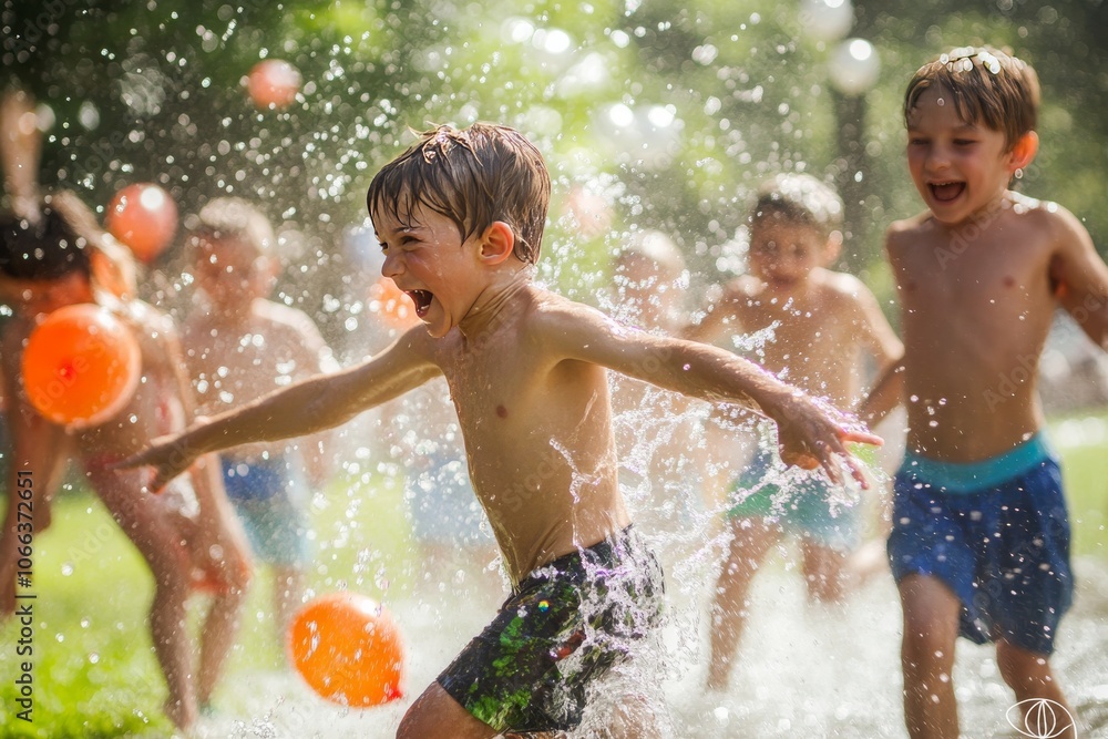 Obraz premium Joyful children engaging in a water balloon battle in a sunny park, celebrating summer fun
