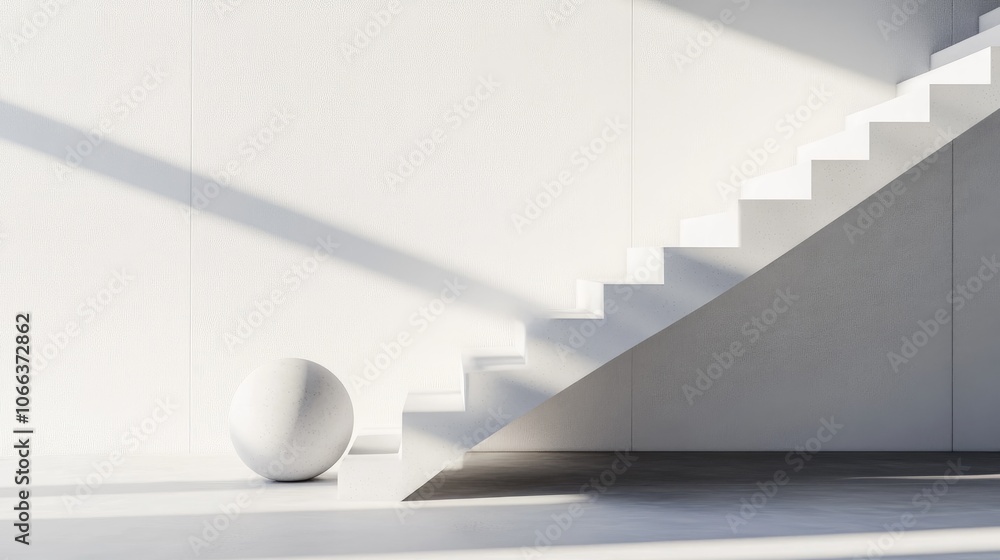 Obraz premium Sleek minimalist design featuring sharp shadows white stairway and a single round stone element