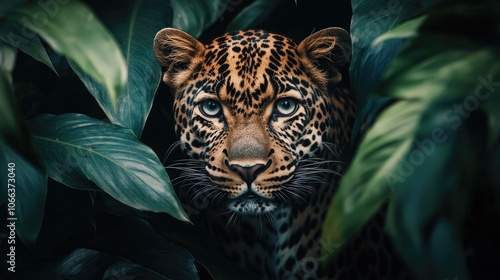 Portrait of a stunning leopard surrounded by lush green leaves showcasing its wild and majestic appearance