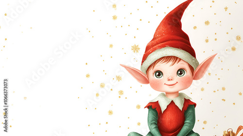 Whimsical Full-Body Christmas Elf Illustration with Big Sparkling Eyes for Children's Book Cover photo