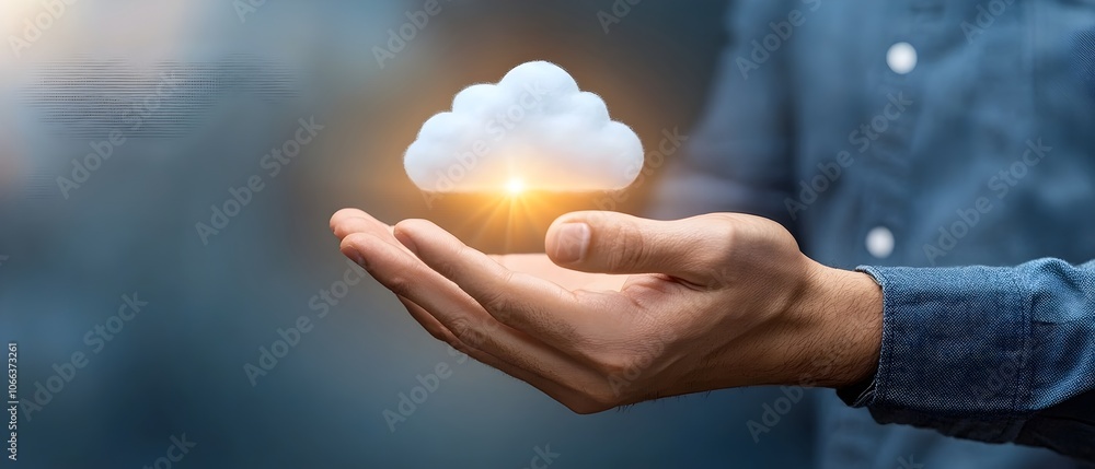 Man s hand supporting a glowing cloud icon with data storage and security elements symbolizing the concept of cloud computing digital information management and technological innovation Man s hand supporting a glowing cloud icon with data storage and security elements symbolizing the concept of cloud computing digital information management and technological innovation