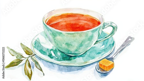 Warm cup of tea, diabetic-friendly sweetener on the side, cozy setting, Watercolor style photo