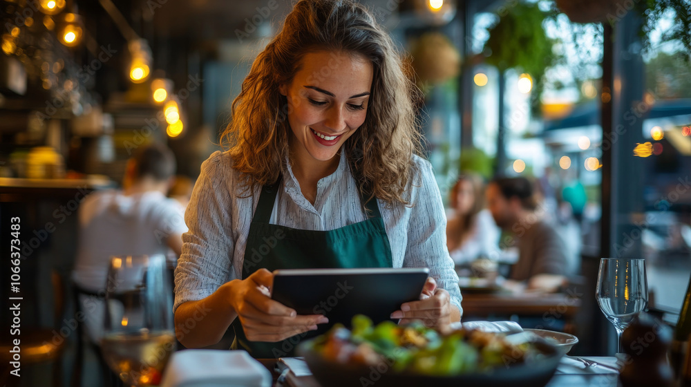 A cheerful waitress, wearing an apron, takes orders from customers using a tablet in a friendly restaurant. A cheerful waitress, wearing an apron, takes orders from customers using a tablet in a friendly restaurant.