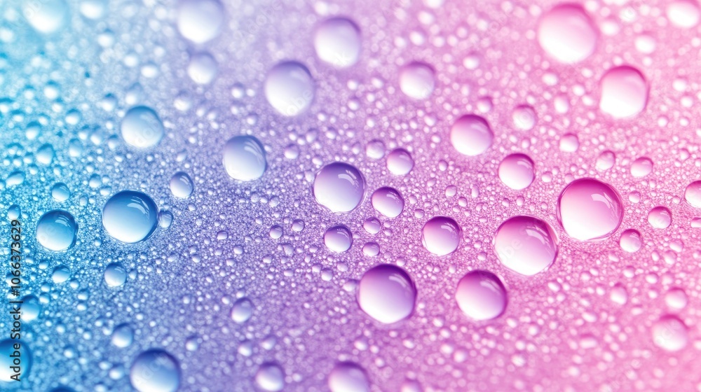 Serum or water droplets on a vibrant blue pink and purple surface Clear skincare cosmetic product texture featuring bubbles in a holographic gradient Serum or water droplets on a vibrant blue pink and purple surface Clear skincare cosmetic product texture featuring bubbles in a holographic gradient
