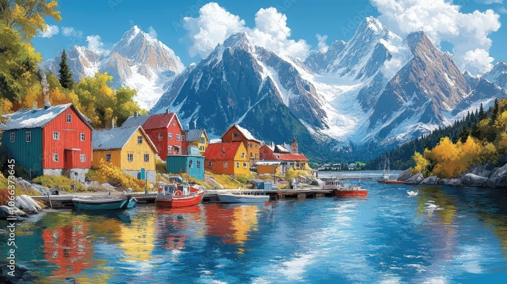 Fototapeta premium Colorful houses on a lake with snow capped mountains in the background.