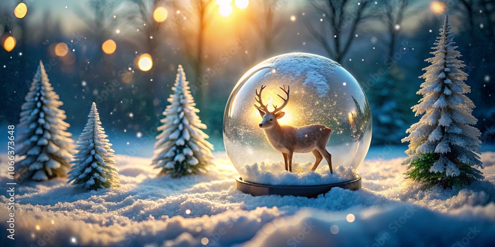 A lone deer stands amidst a snow-covered forest, captured within a glistening glass sphere, as the sun casts a warm glow upon the winter landscape. A lone deer stands amidst a snow-covered forest, captured within a glistening glass sphere, as the sun casts a warm glow upon the winter landscape.