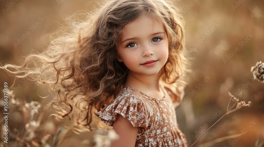 Portrait of an adorable young girl with flowing curly hair wearing a stylish dress Portrait of an adorable young girl with flowing curly hair wearing a stylish dress