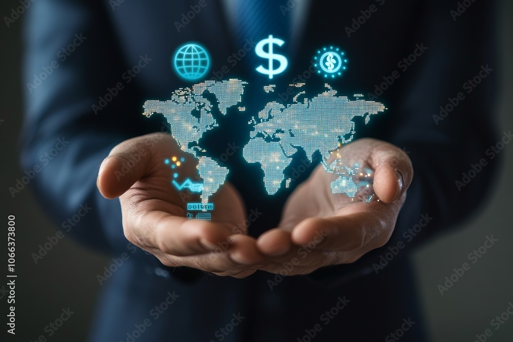 Global businessman holding virtual world map with currency symbols representing global trade Global businessman holding virtual world map with currency symbols representing global trade
