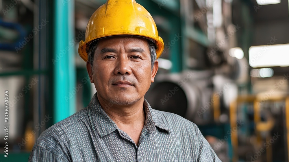 Serious worker in front of a factory setting Serious worker in front of a factory setting