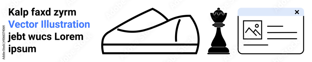 Shoe outline, chess piece, and webpage layout with image placeholder and text. Ideal for design, fashion, strategy, website layout, icons, infographics, presentations. Landing page Shoe outline, chess piece, and webpage layout with image placeholder and text. Ideal for design, fashion, strategy, website layout, icons, infographics, presentations. Landing page