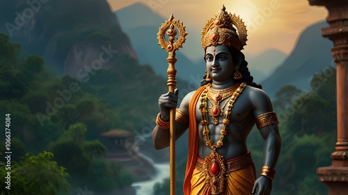 Dhanvantari holding a staff, symbolizing health and longevity. 