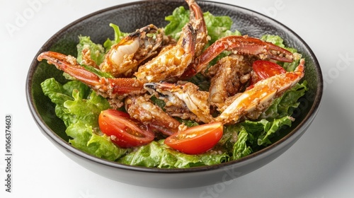 Soft shell crab salad presented on a white background