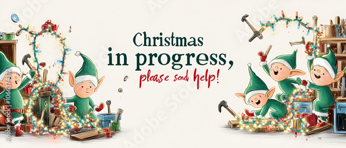 cartoon elves in a chaotic workshop, tangled in Christmas lights, with tools flying everywhere. Add the text 