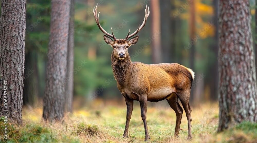 Fototapeta premium Red deer stag amidst spruce trees in a forest during autumn