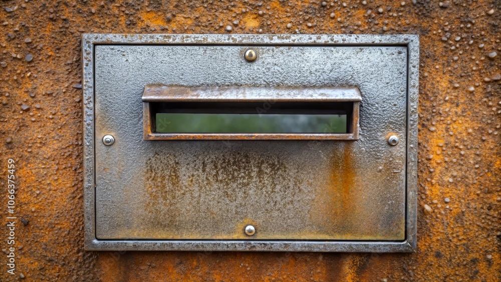 A weathered metal panel with a rectangular opening framed by a slightly raised border, set against a textured surface of rust and orange A weathered metal panel with a rectangular opening framed by a slightly raised border, set against a textured surface of rust and orange