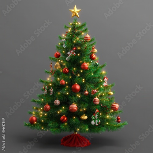 Festively decorated Christmas tree with ornaments and lights, perfect for holiday celebrations and seasonal decorations. photo