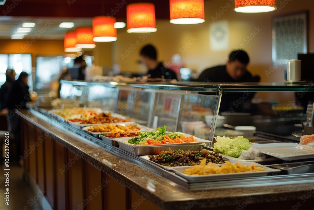 Interior of a cafeteria featuring a display of chinese cuisine with chopsticks on the bar Interior of a cafeteria featuring a display of chinese cuisine with chopsticks on the bar