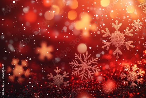 Festive red background with snowflakes and bokeh lights, creating a warm, celebratory atmosphere for Christmas or holiday-themed designs.