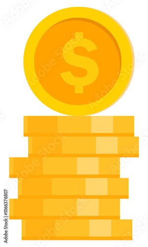 Flat icon of stack of gold coin with dollar sign isolated on white background.