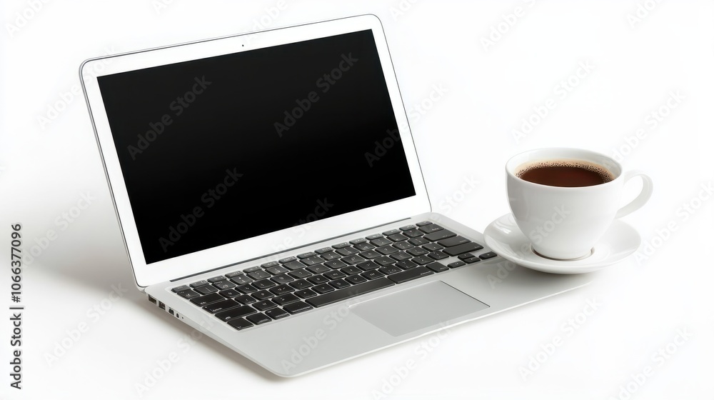 Modern Laptop and Coffee Workspace on White Desk Modern Laptop and Coffee Workspace on White Desk