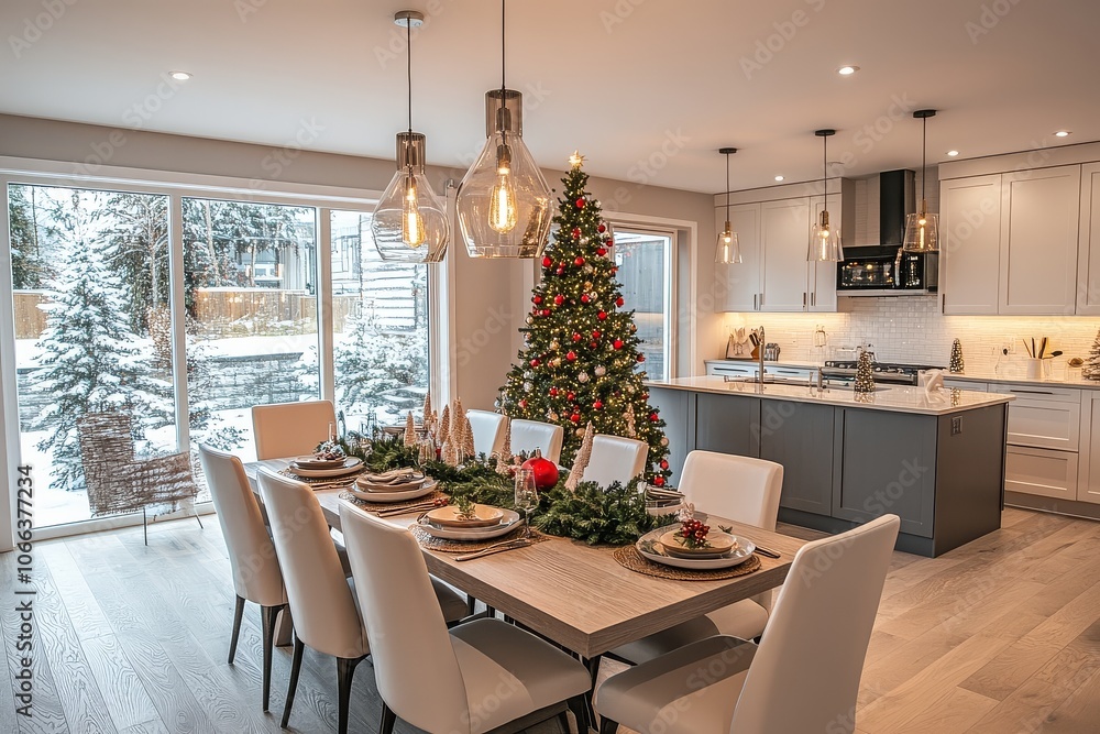 Elegant holiday dining table setup in a modern home with festive Christmas tree background, ideal holiday season dining room decor.