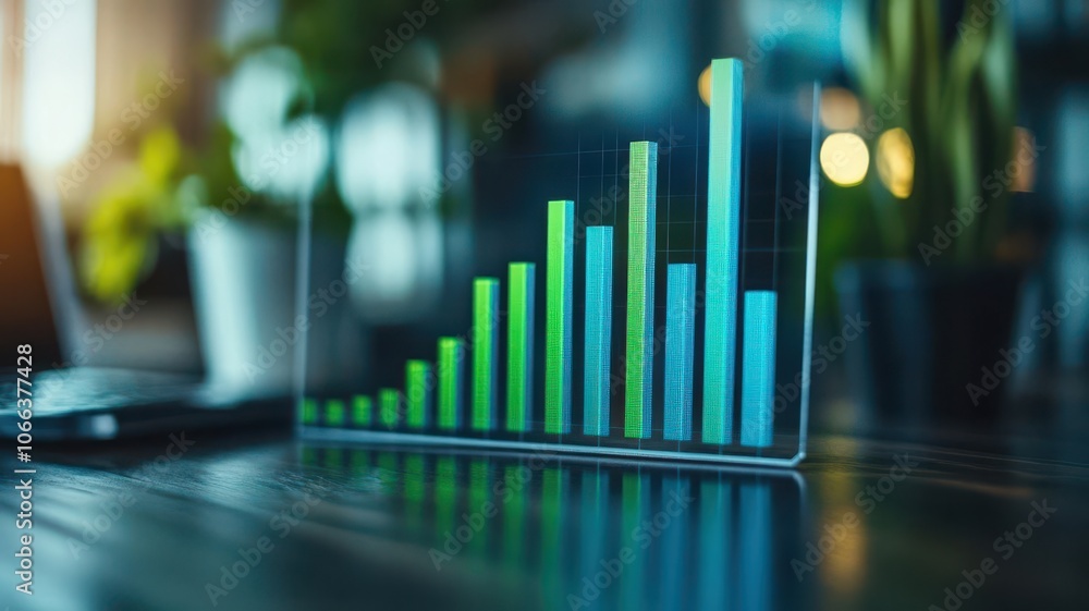Dynamic graph with ascending bars in green and blue, financial success, and high investment returns Dynamic graph with ascending bars in green and blue, financial success, and high investment returns