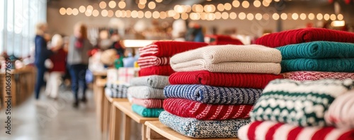 A vibrant display of colorful knitted sweaters, creating a cozy atmosphere in a stylish retail environment, with shoppers browsing in the background.