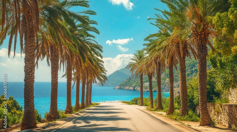 Obraz premium Palm trees lining a scenic coastal road