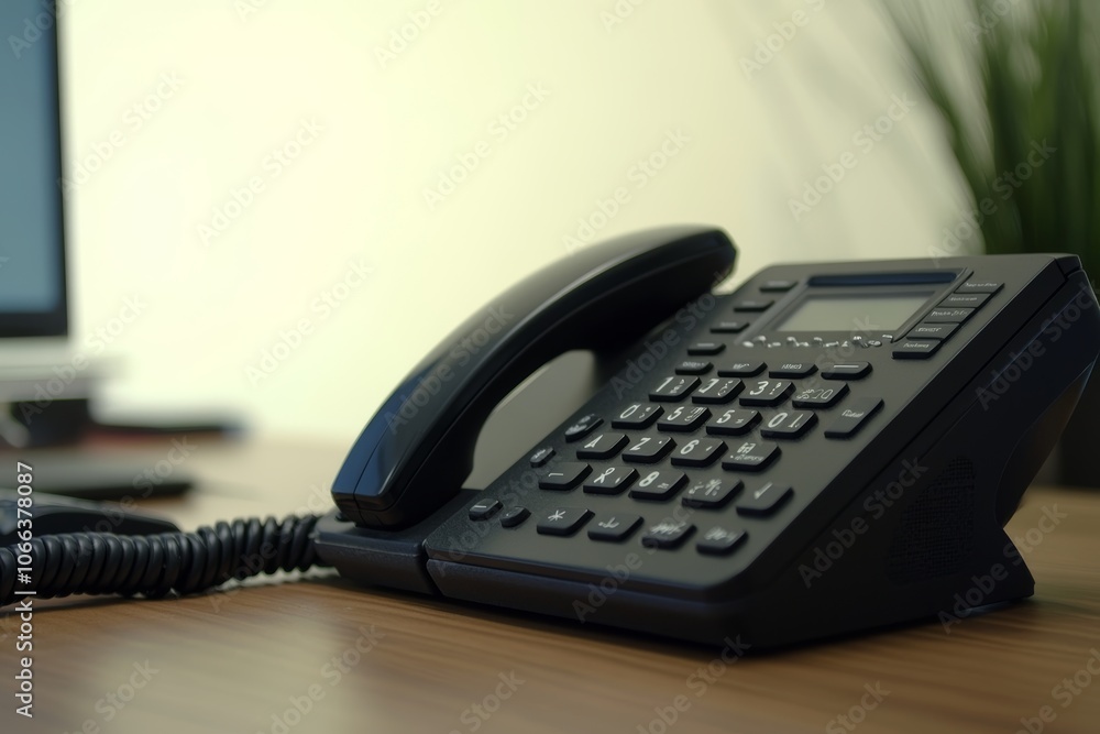 Close up view of a black business phone on an office desk, ready for professional communication Close up view of a black business phone on an office desk, ready for professional communication