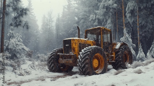 Skidder tractor parked in a snowy forest landscape during winter photo